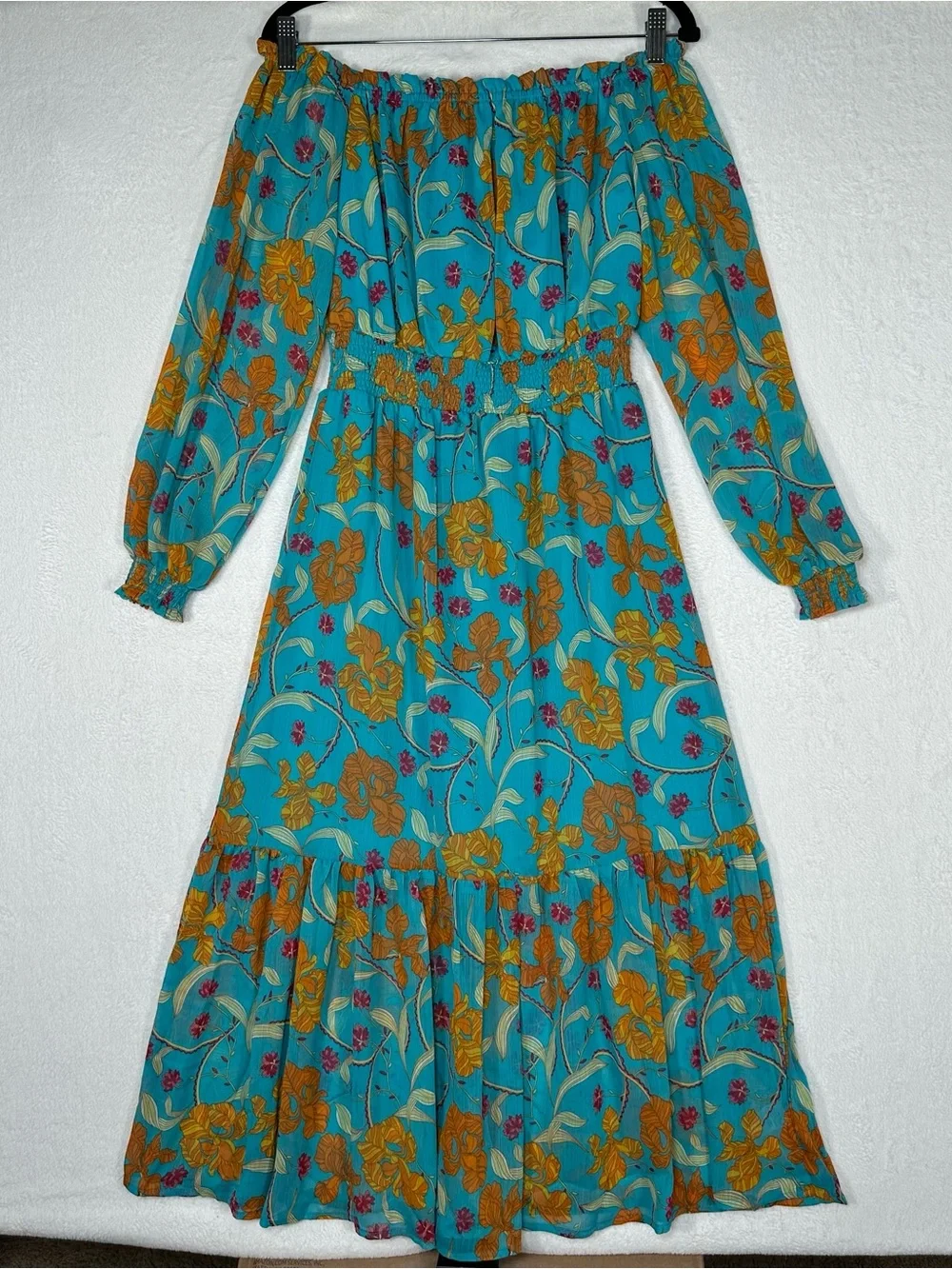 SOFIA JEANS‎ Sofia Vergara XS Off The Shoulder Midi Dress Teal Floral Boho Chic